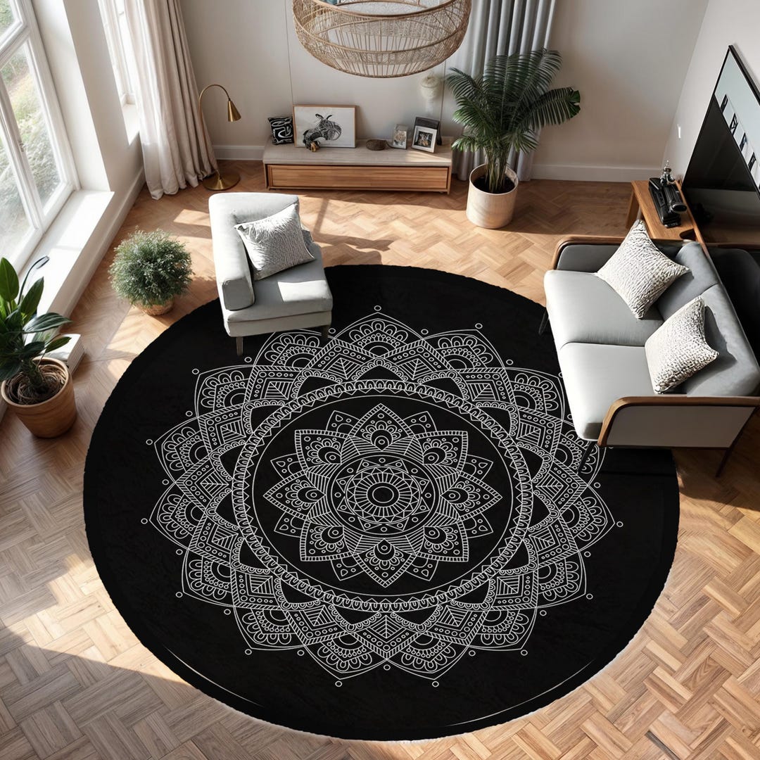 Black Mandala Circle Carpet-floral Symmetrical Pattern Circle Mat