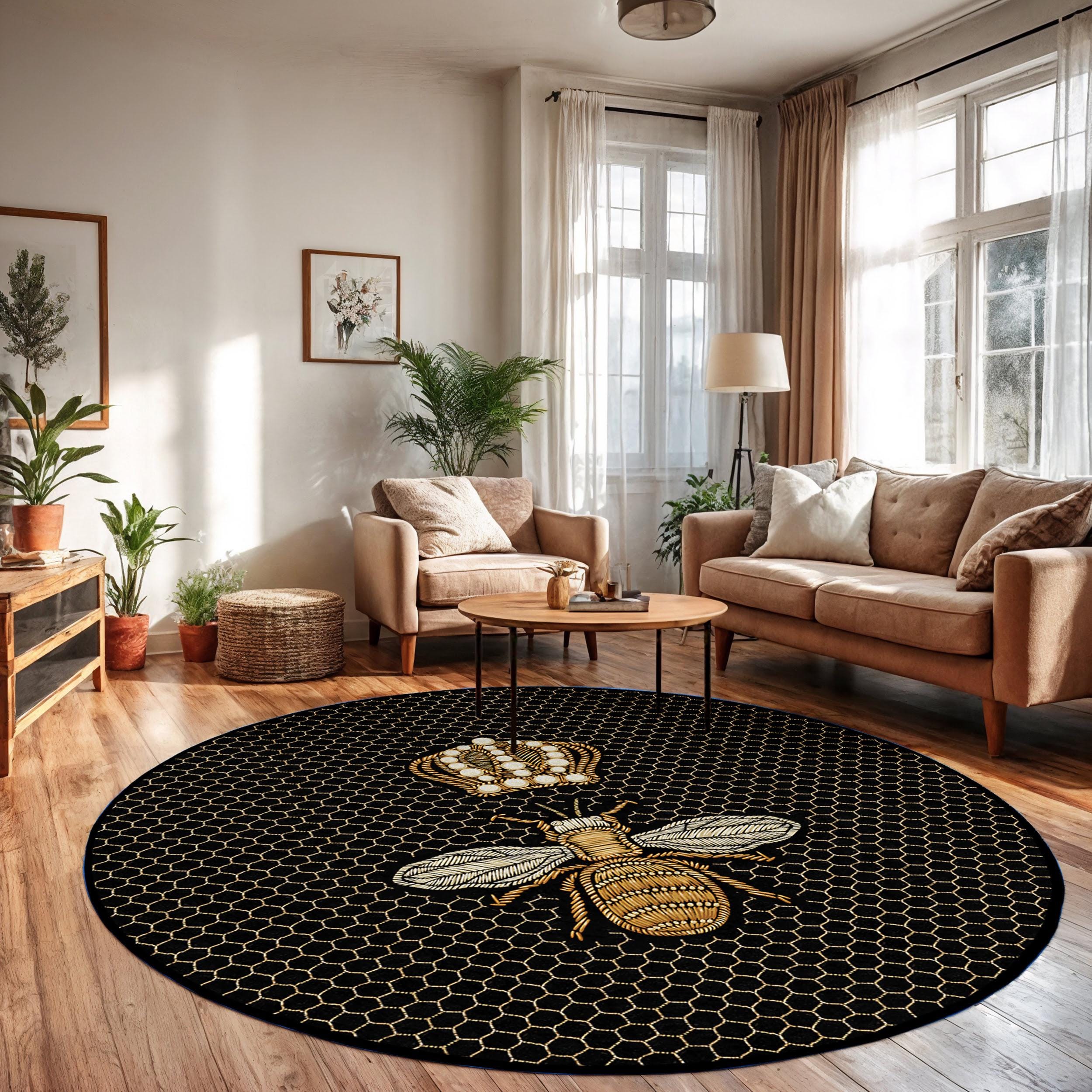 Bee Rug Runner Golden Crown Bee Round Rug-black Honeycomb Circle Carpet-bee Hive ...