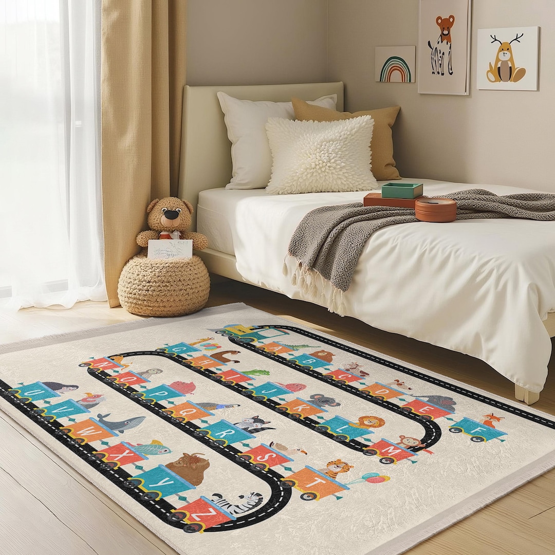 Classroom Train Rug Alphabet Train Adventure Kids Room Rug-animal Letter Track Nursery ...