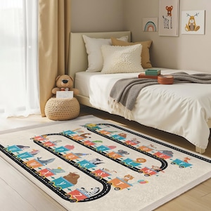 Alphabet Train Adventure Kids Room Rug-Animal Letter Track Nursery Carpet-Educational Learning Child Room Rug-Vibrant Multi-Color Playmat