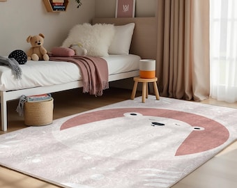 Polar Bear Design Kids Room Rug-Bear Face Minimalist Nursery Carpet-Cute Animal Baby Room Rug-Ivory Toodler Mat-Kids Room Carpet