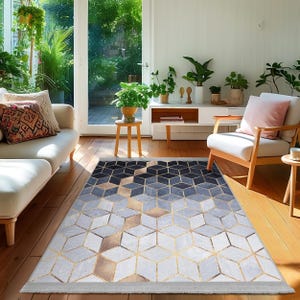 Hexagonal Geo Pattern Area Rug-Gold Blue Carpet-Modern Cube Accent Mat-Futuristic Living Room Rug-Silver Interior Square Rug