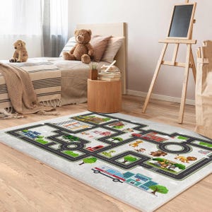 Road Map Adventure Kids Room Rug-Traffic Street Design Nursery Carpet-Vibrant Cityscape Playmat-Interactive Town Child Room Rug-Toodler Mat