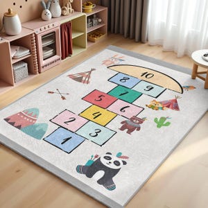 Colorful Hopscotch Adventure Kids Room Rug-Tribal Animals Nursery Carpet-Numbered Squares Toodler Mat-Playful Safari Washable Rug-Child Rug