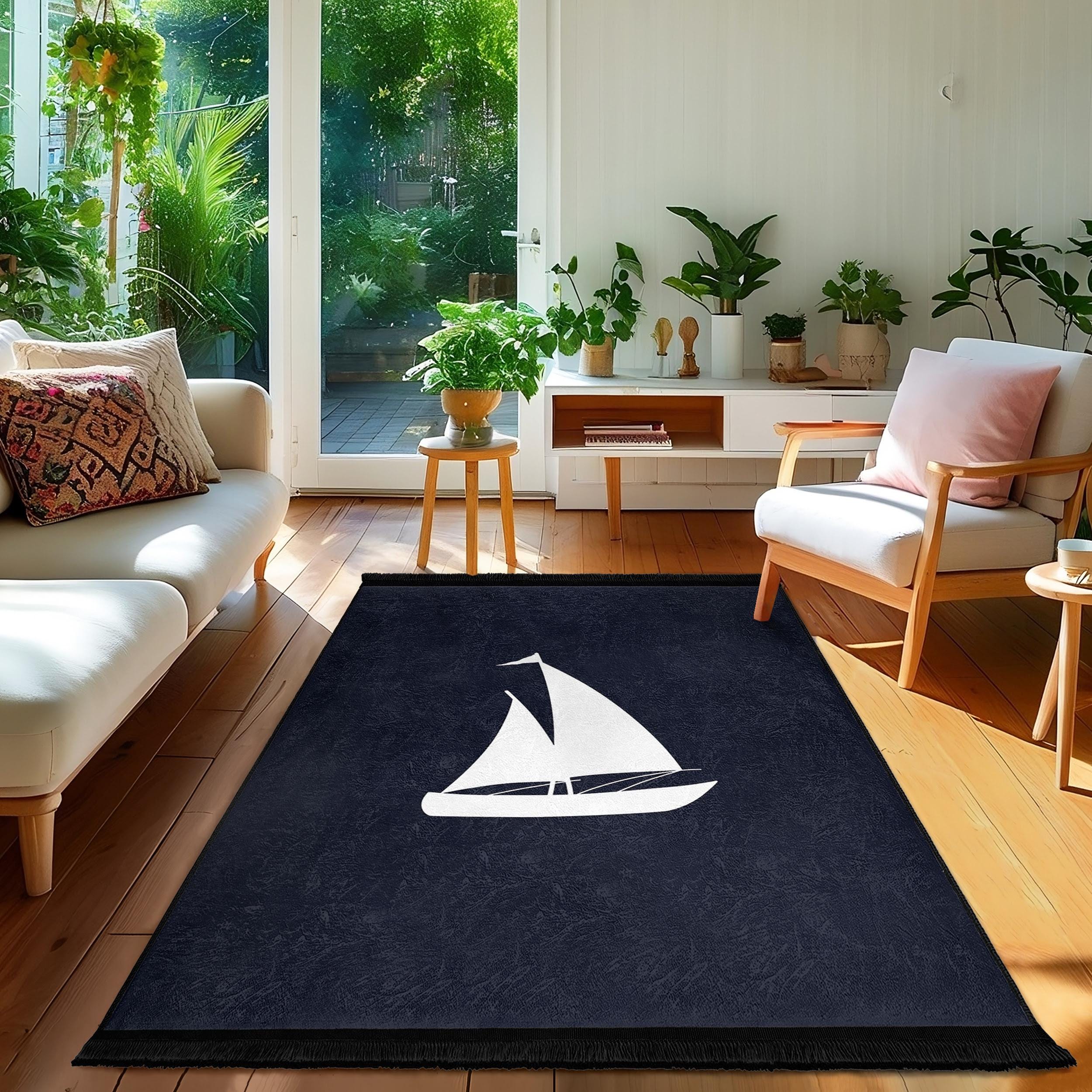 Sailboat Nautical Theme Area Rug-white Sail on Blue Accent Carpet