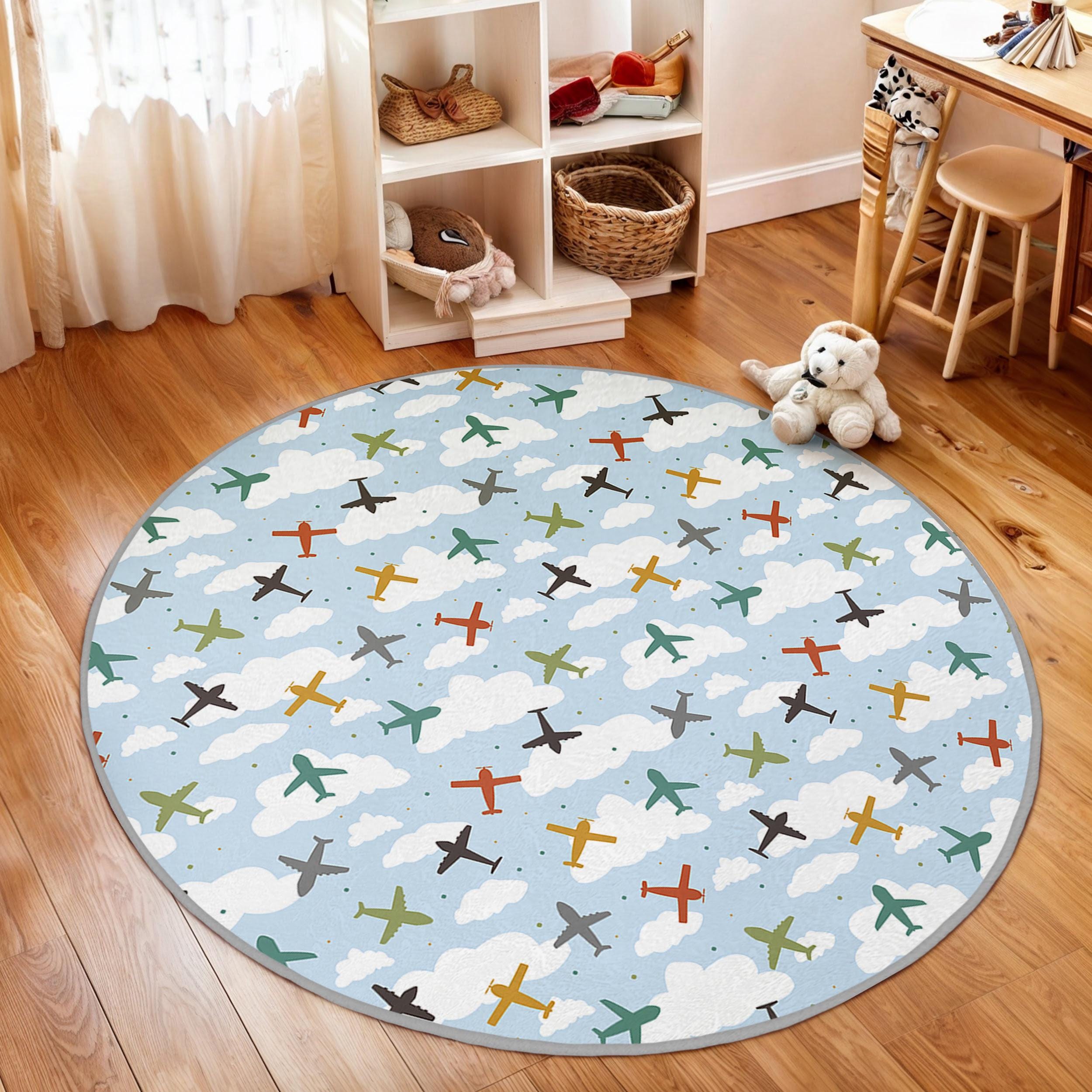 Airplane Sky Kids Room Round Rug-cloud Plane Circle Carpet-blue Aviator ...