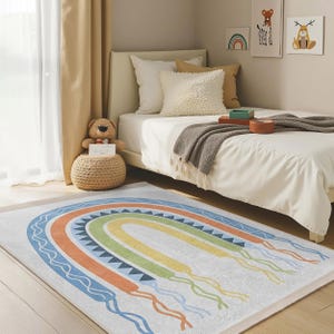 Rainbow Motif Nursery Carpet-Geometric Blue Green Arches Kids Room Rug-Colorful Waves Playmat-Boho Striped Baby Room Rug-Anti Slip Mat