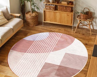 Rustic Minimalist Geometric Circle Carpet-Abstract Shapes Red Round Rug-Modern Earth Tones Circle Mat-Living Room Trend Carpet-Oval Mat