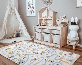 Construction Vehicle Play Road Kids Room Rug-Digger Crane Pathway Nursery Carpet-Bulldozer and Trucks Child Room Rug-Washable Nursery Rug