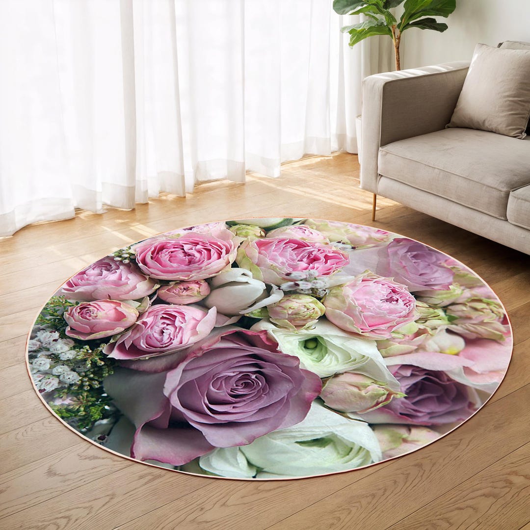 Pink Rug Circle Pattern Pink Floral Bloom Circle Carpet-colorful Peony Rose Pattern Round Rug ...