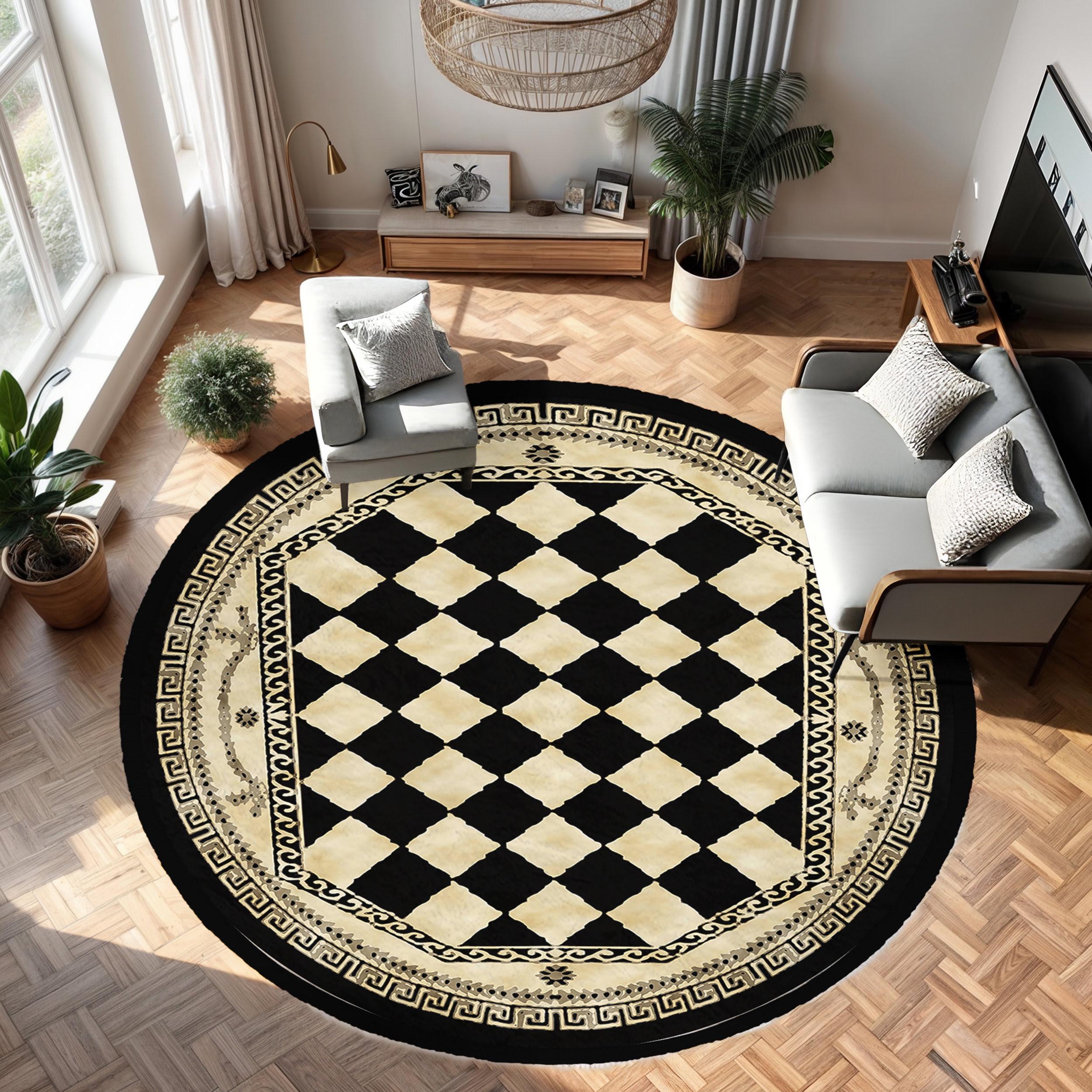 Checkered Style Circle Carpet|black Cream Greek Key Rug
