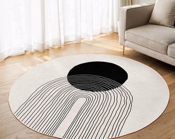 Arched Minimalist Round Rug-Black White Line Circle Carpet-Contemporary Living Room Rug-Mono Stripe Anti-Slip Round Carpet-Trend Oval Mat