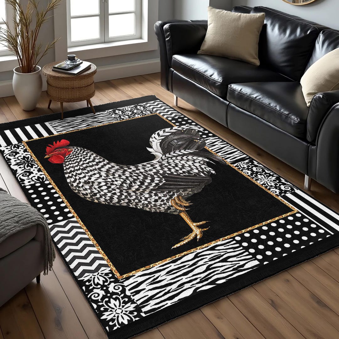 Rooster Motif Area Rug-zebra Dot Line Accent Carpet-farmhouse Style Mat ...