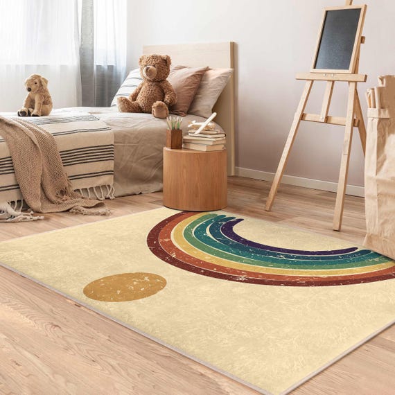 Vintage Rainbow Kids Room Rug-curved Arc Sun Design-nursery Carpet