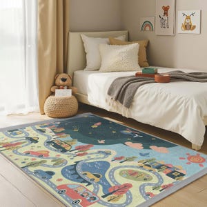 Space Adventure Play Mat Nursery Carpet-Curved Roads Happy Town Kids Room Rug-Colorful Vehicle Landscape Baby Room Rug-Anti Slip Toodler Mat