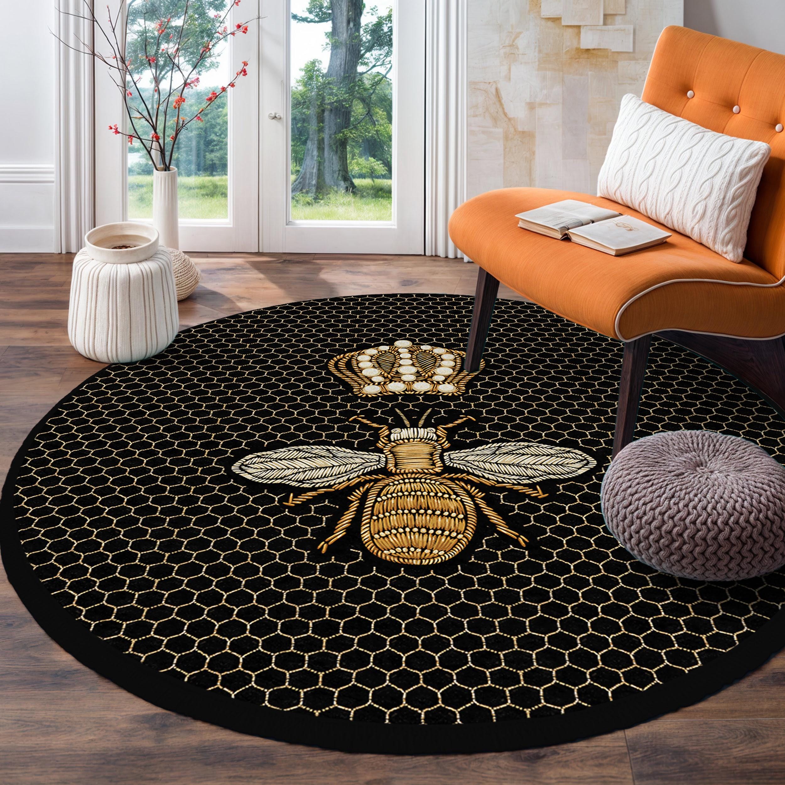 Bee Rug Runner Golden Crown Bee Round Rug-black Honeycomb Circle Carpet-bee Hive ...