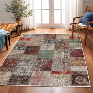 Multicolor Patchwork Area Rug-Bohemian Vintage Accent Carpet-Geometric Pattern Anti-Slip Rug-Red Square Washable Mat-Living Room Throw Rug