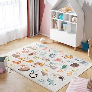 Alphabet Zoo Nursery Carpet-Colorful Animal & Letter Rug Pastel-Toddler Playmat-ABC Educational Kids Room Rug-Creative Learning Baby Mat