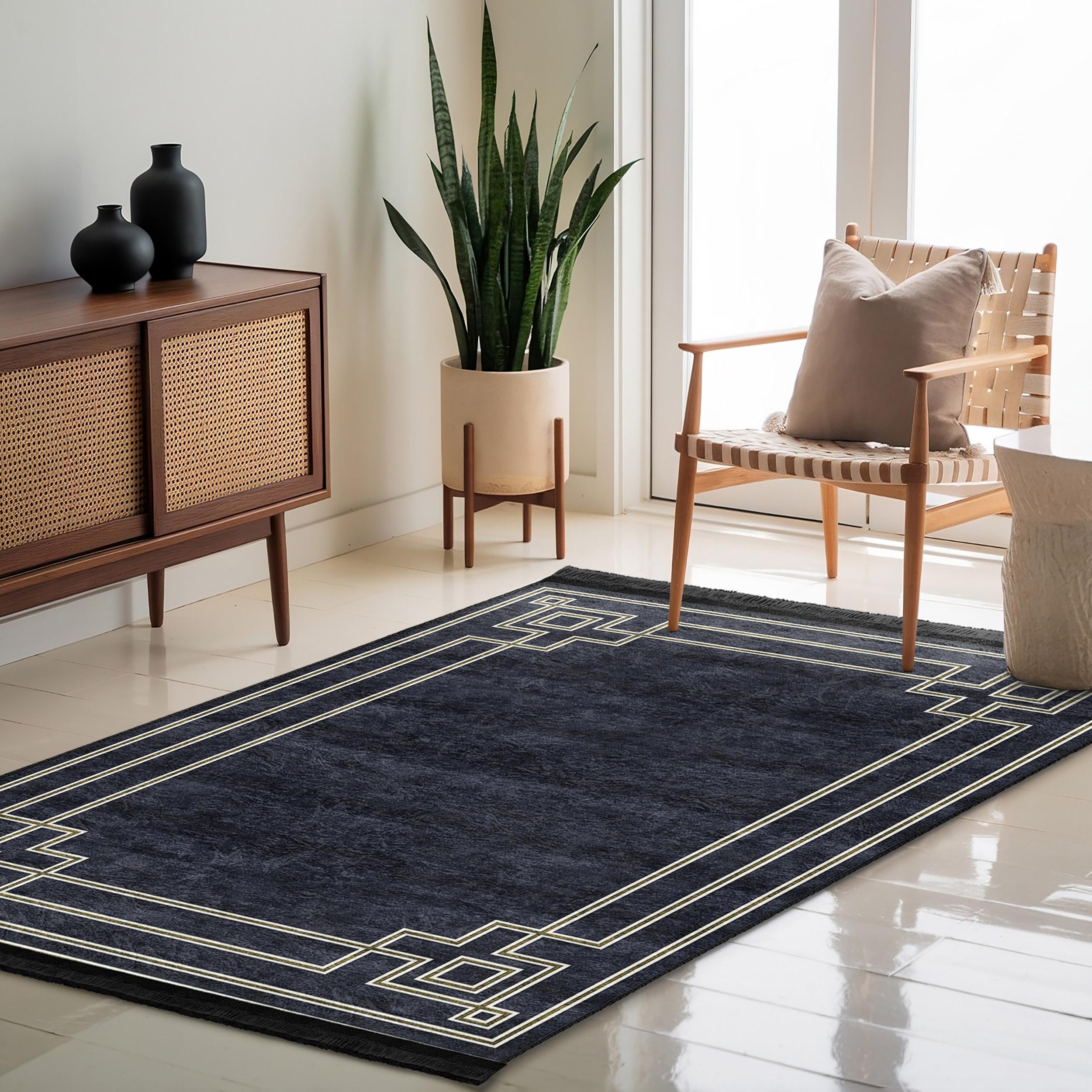 Linear Geometric Rug Geometric Border Area Rug-gold Linear Frame Accent Carpet-stylish Non ...