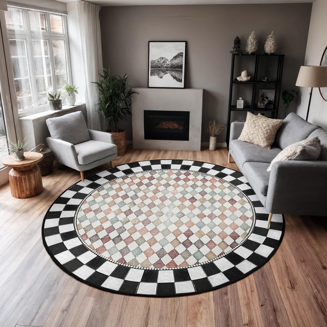 Diamond Checkered Neutral Color Round Rug-harlequin Pattern Circle ...