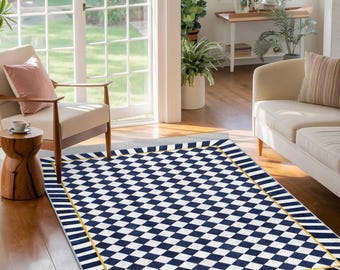 Checkered Blue Area Rug-Geometric Diamond Accent Mat-Striped Border Carpet-Navy Floor Decor-Yellow Edge Area Mat-Stylish Rectangular Runner