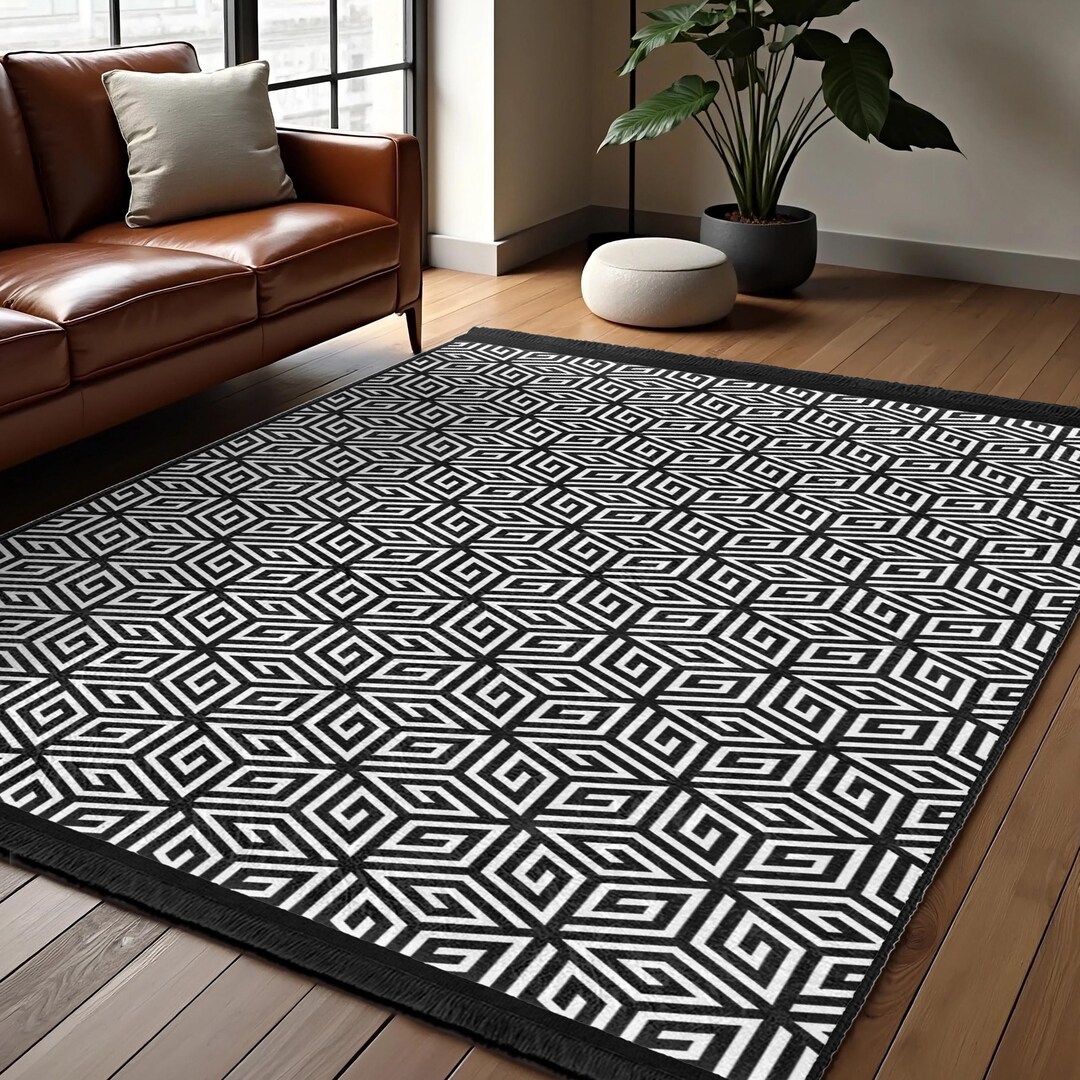 Black Geometric Cube Area Rug - Spiral Diamond Pattern Mat - Optical ...