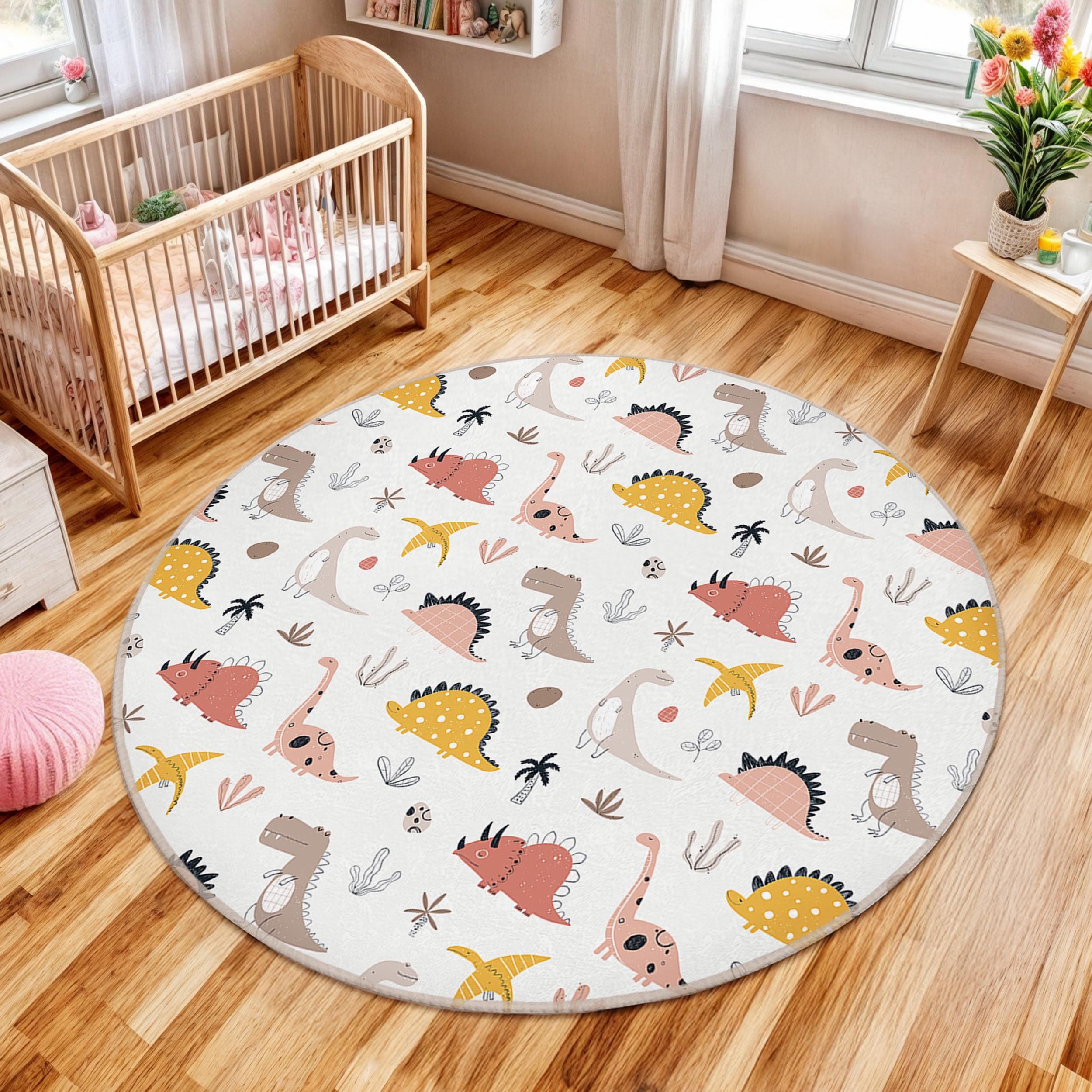 Colorful Dinosaur Kid's Room Round Rug-dino Figures Beige Circle