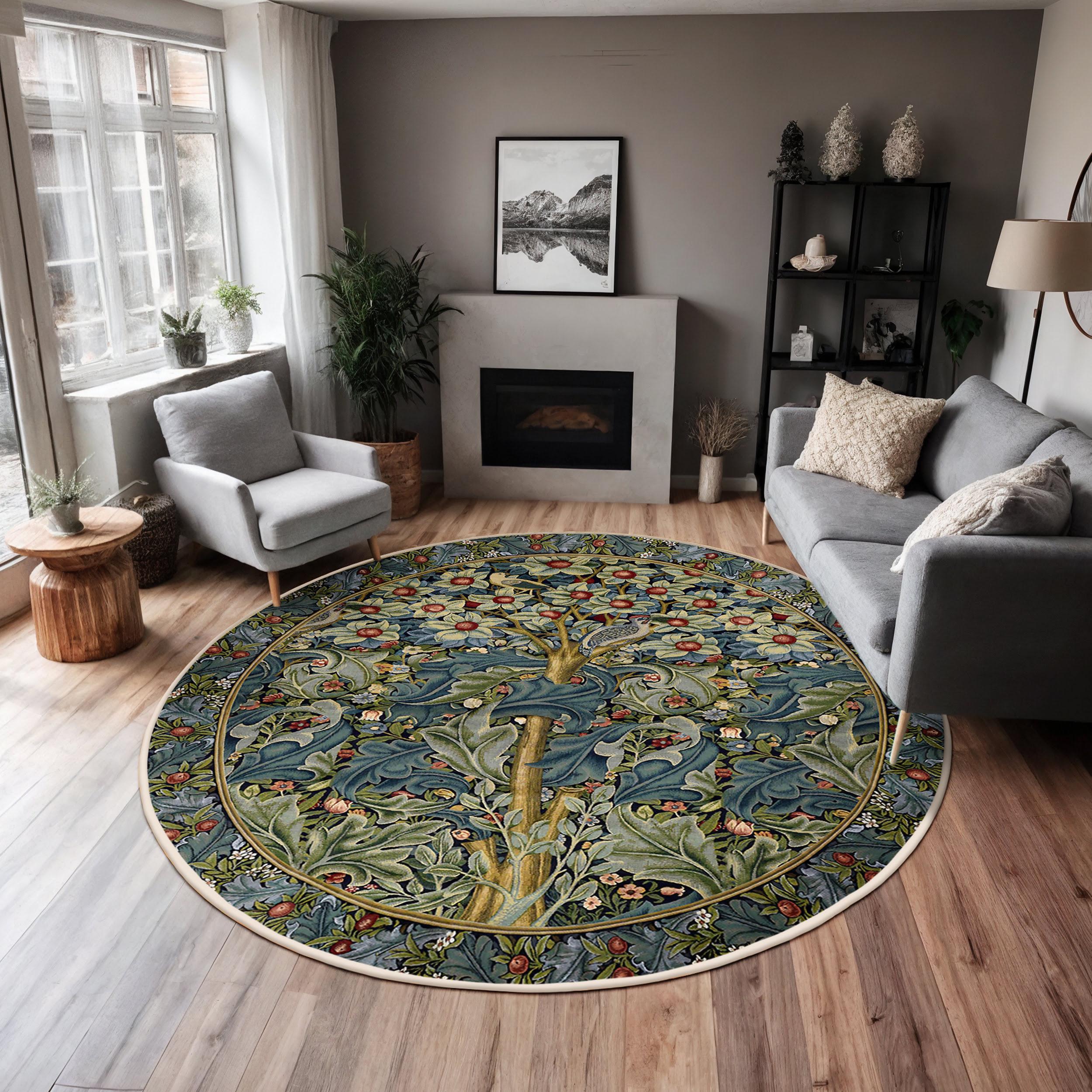 Morris Style Round Rug-floral Nature Art Circle Carpet-tree of Life ...