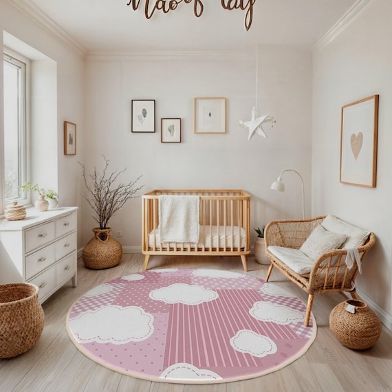Pink Cloud Theme Kids Room Round Rug-plaid Star Heart Circle