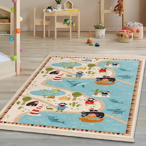 Pirate Adventure Kids Room Rug-Fun Pirate Map Design Nursery Carpet-Blue Themed Baby Room Rug-Children's Playmat-Non-slip Child Room Rug