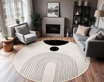 Arched Monochrome Circle Carpet-Minimalist Black White Pattern Round Rug-Contemporary Living Room Circle Rug-Elegant Circle Mat-Modern Decor