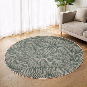 Tappeto rotondo con motivo a foglie verdi - Tappeto circolare con motivo tropicale beige - Tappeto da soggiorno nei toni della terra - Tappeto di tendenza botanica - Tappetino ovale lavabile