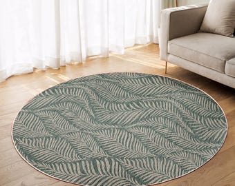 Grün Blatt Muster Rund Teppich - Beige Tropisches Motiv Kreis Teppich - Erdfarben Wohnzimmer Teppich - Botanischer Trend Teppich - Waschbar Oval Matte