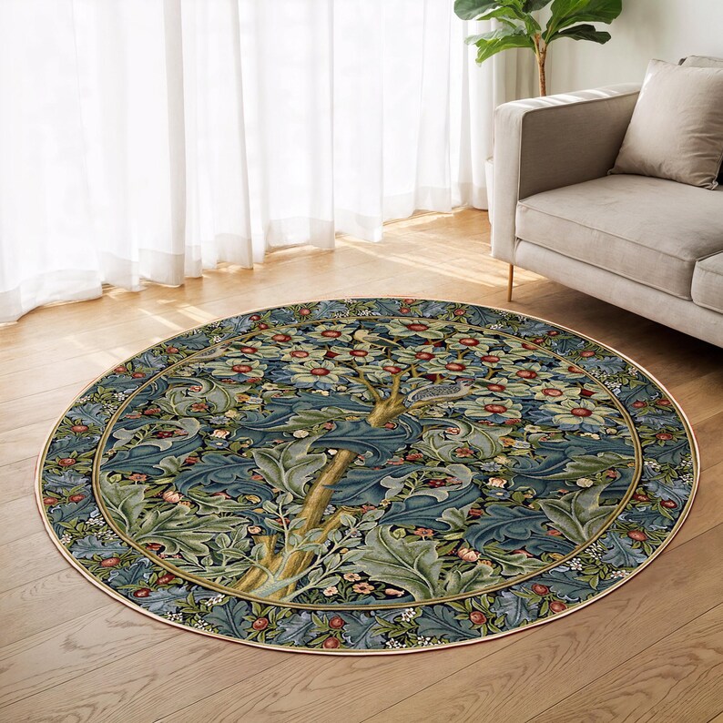Morris Style Round Rug-floral Nature Art Circle Carpet-tree of Life ...