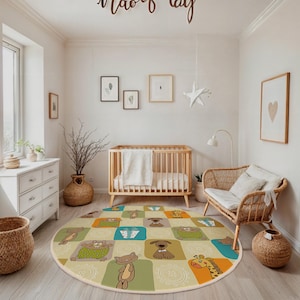 May include: A round, multi-colored play rug with a variety of animal illustrations, including a cat, dog, giraffe, and frog. The rug is in a nursery with a crib and a wicker chair.