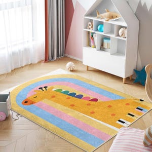 Yellow Giraffe Kids Room Rug|Rainbow Striped Nursery Carpet|Playful Animal Child Room Rug|Cartoon Safari Baby Room Rug|AntiSlip Washable Mat