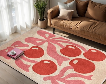 Cherry Bow Area Rug-Rich Red Bow Design Accent Carpet-Chic Beige Square Rug-Cheerful Living Room Mat-Symbolic Cherry Decor Mat