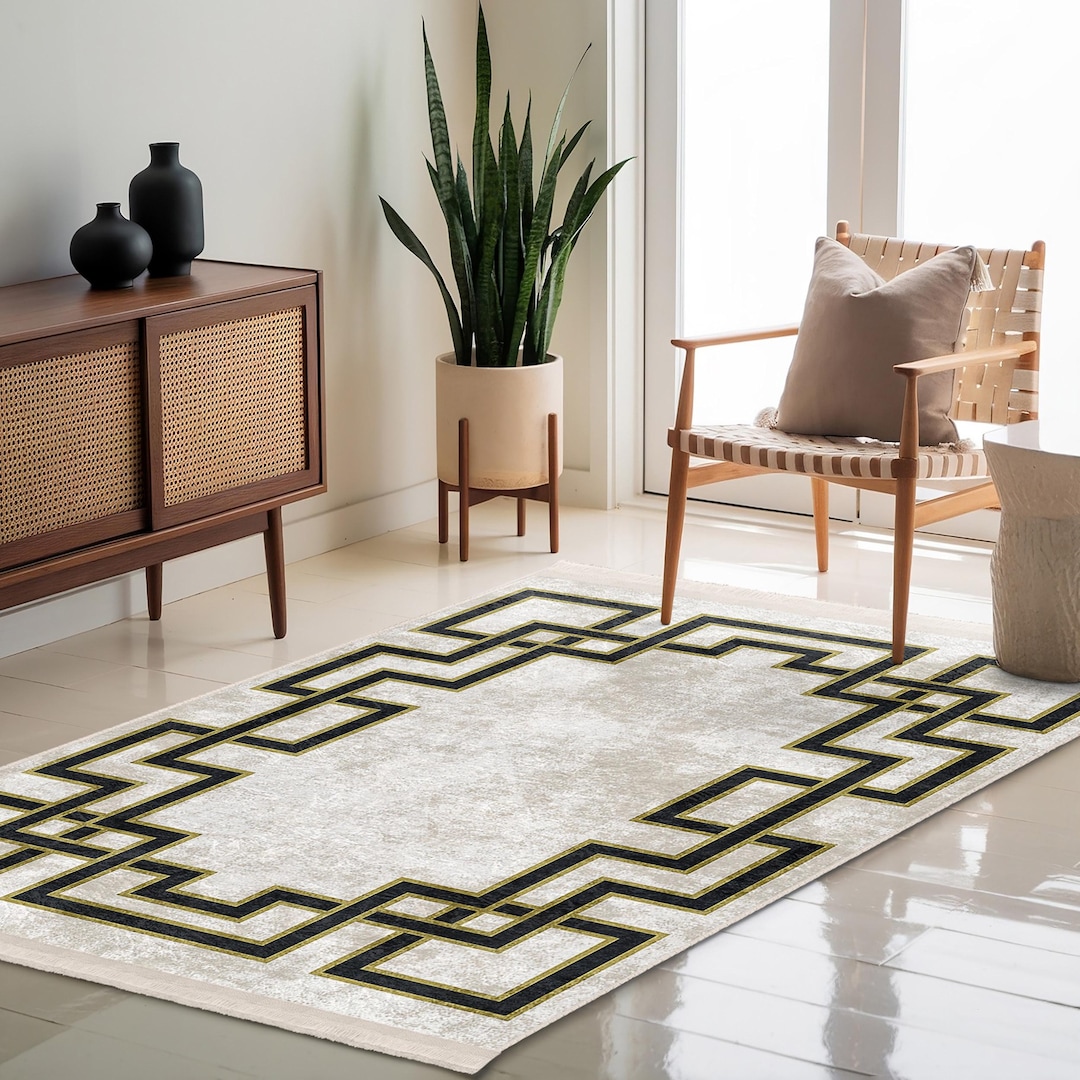 Geometric Border Area Rug-bold Black Lines Mat-sleek Square Accent ...