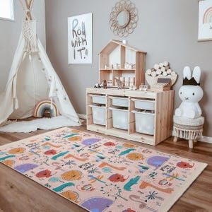 Colorful Jungle Animals Kids Room Rug-Dinosaurs Crocodiles Lions Toodler Mat-Adventurous Creatures Baby Room Rug-Dino Safari Nursery Carpet