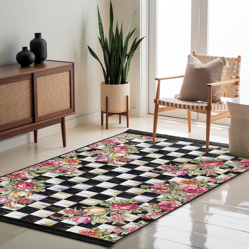 Faded Checkerboard Rug Black Floral Checkerboard Area Rug-vintage Chessboard Design Accent ...