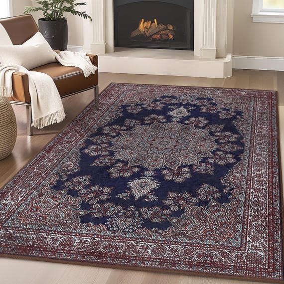 Floral Navy Area Rug - Intricate Blossom Accent Carpet - Oriental