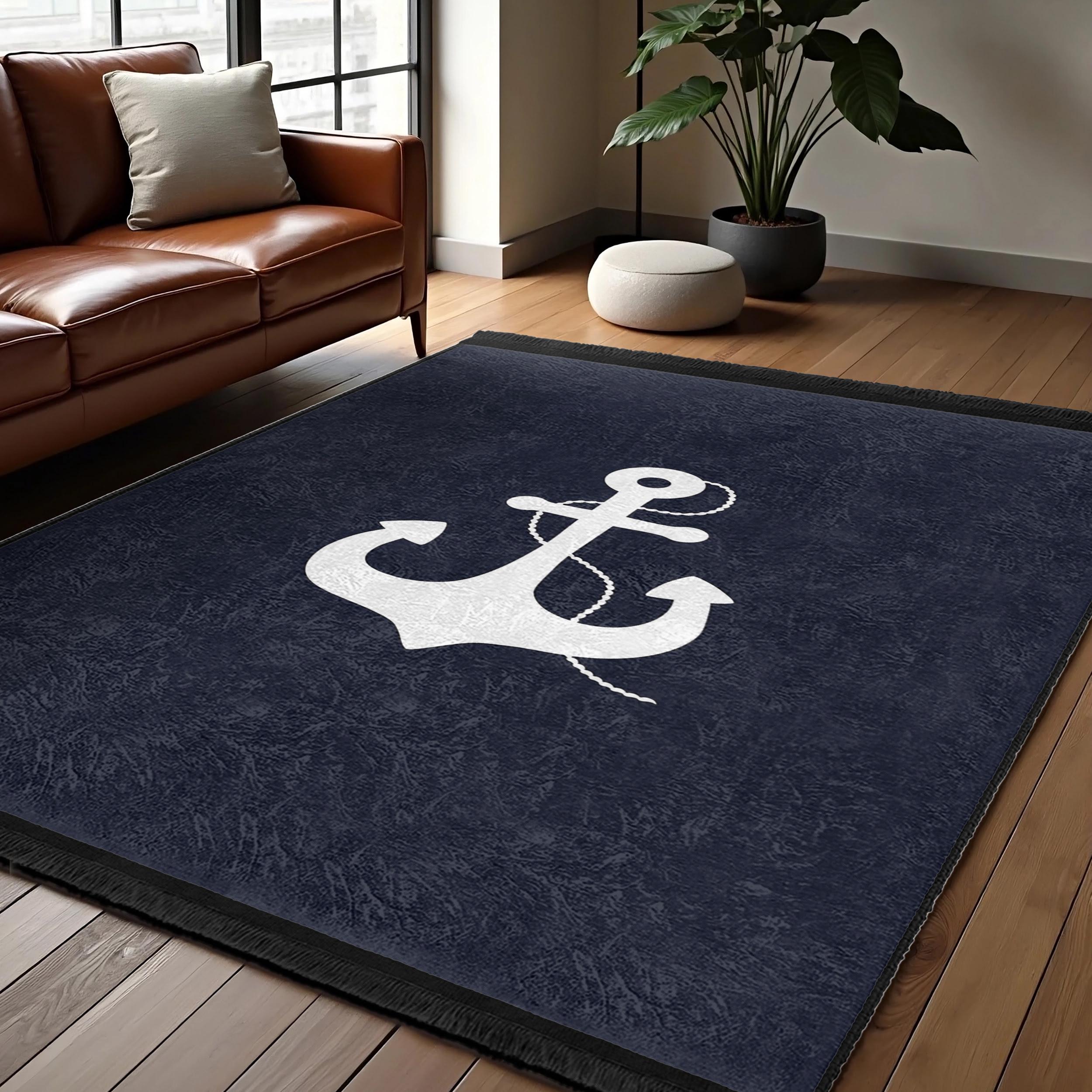 Nautical Anchor Navy Area Rug-white Anchor Nautical Mat-coastal Living ...
