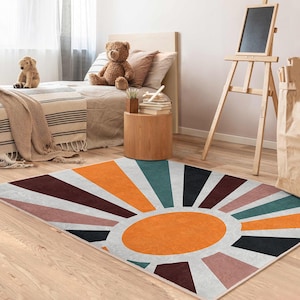 Radiant Sunburst Nursery Carpet-Stripes Radiate Sunshine Rug-Orange Burst Child Room Rug-Geometric Kids Playmat-Colorful Nursery Rug