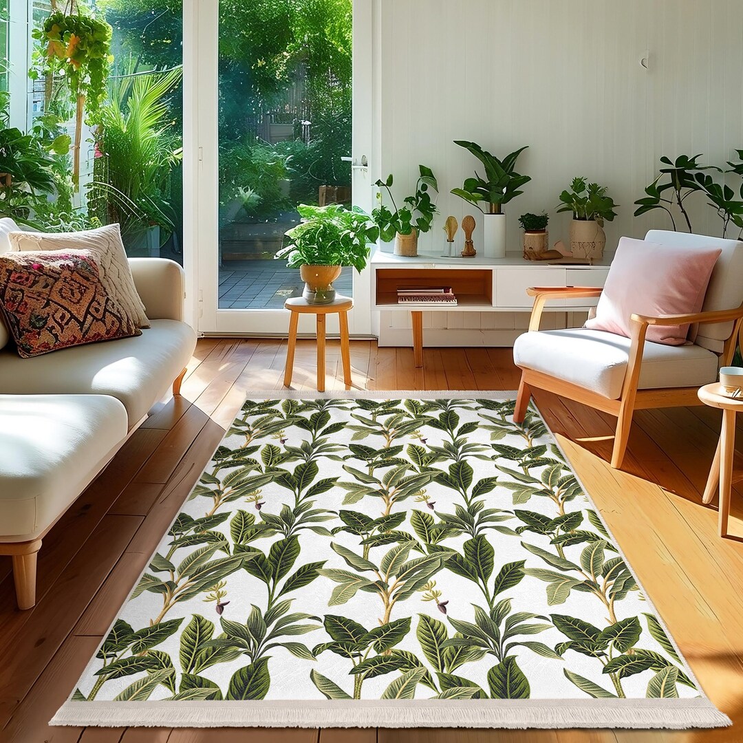 Tropical Leaf Design Accent Rug-botanical Green Leaves Carpet-living ...