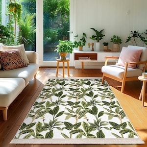 Tropical Leaf Design Accent Rug-Botanical Green Leaves Carpet-Living Room Throw Rug-Nature Inspired Area Mat-Stylish Indoor Anti-Slip Rug