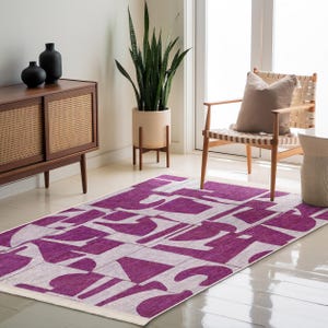 Modern Abstract Violet Area Rug-Curved Line Square Pattern Mat-Retro NonSlip Carpet-Graphic Accent Rug-Violet Washable Mar