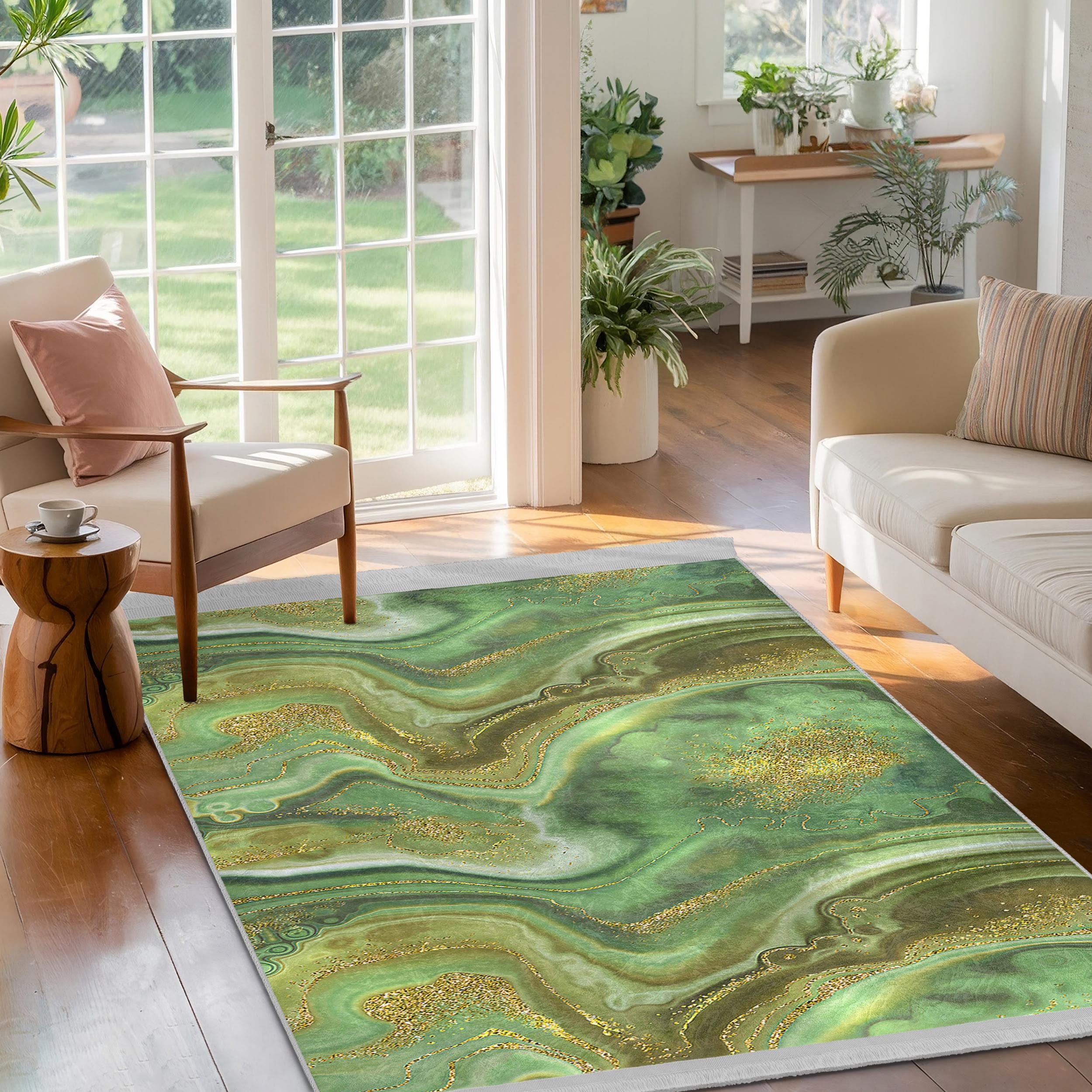 Swirling Green Designs Area Rug-gold Vein Pattern Mat-mottled Green Rug ...