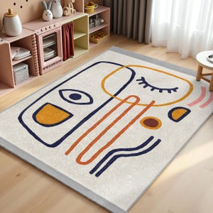 Colorful Faces Abstract Kids Room Rug-Geometric Line Art Nursery Carpet-Modern Playful Child Room Rug-Vivid Minimalist Toodler Mat