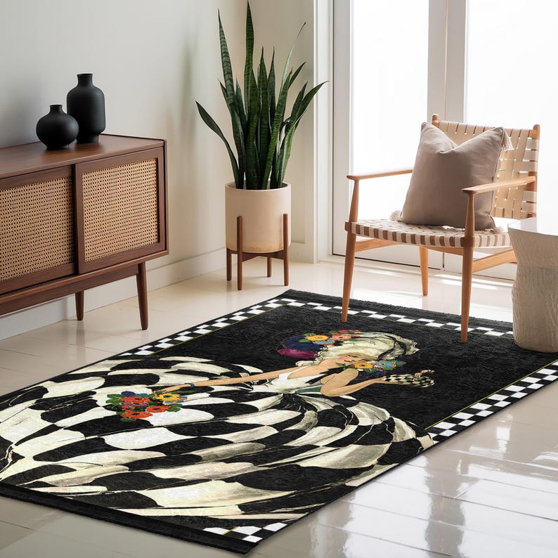 Baroque Lady Design Area Rug-black Checker Flower Mat-vintage Gown ...