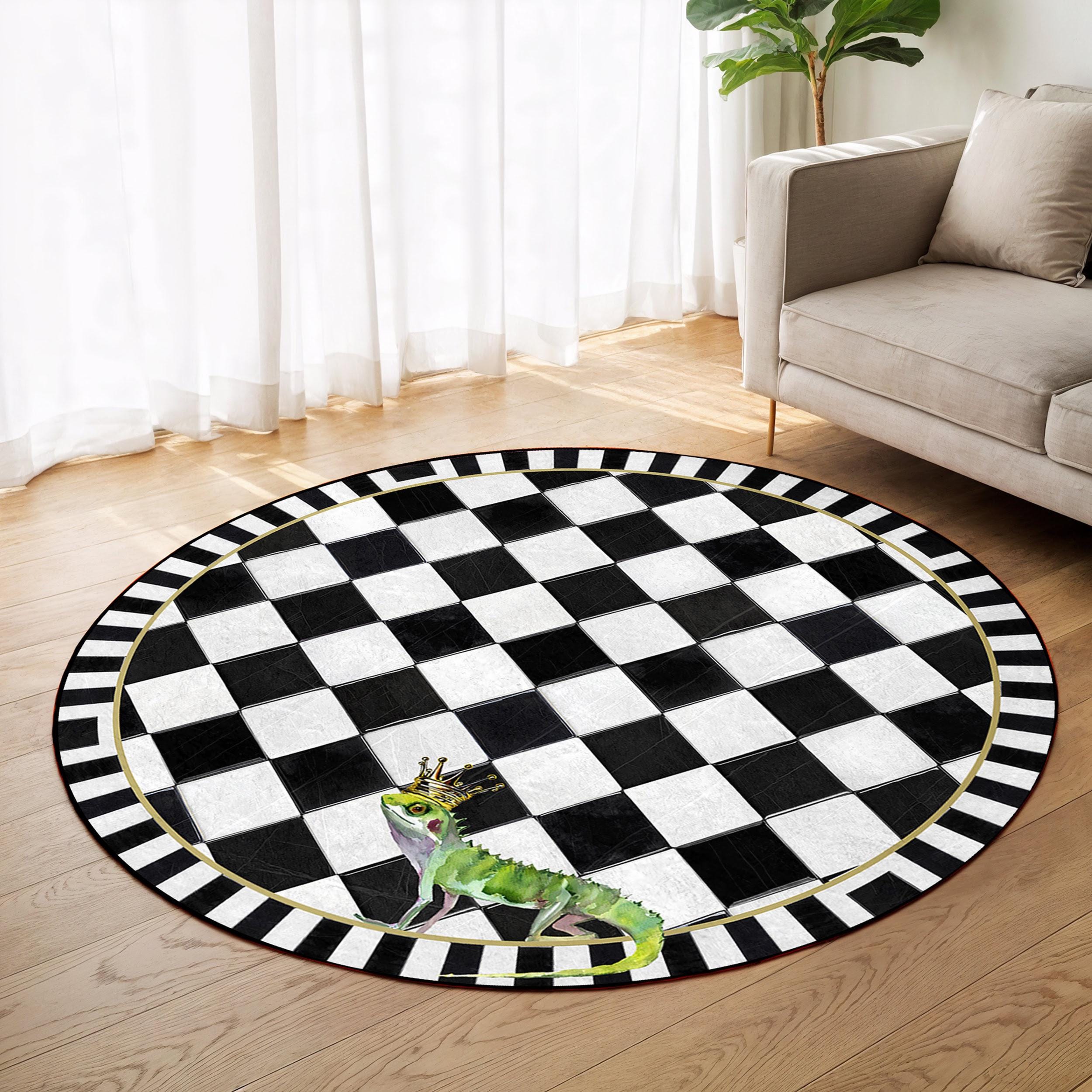 Cool Rug Lizard King Lizard Checkered Round Rug-crown Iguana Art Circle Carpet-black ...